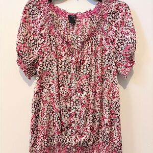 Ann Taylor Pink and White Printed Puff-Sleeve Blouse